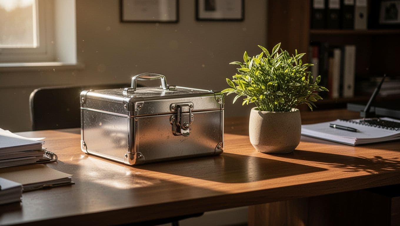 A sturdy lockbox sits on a polished wooden desk beside a lush green plant. The warm morning glow illuminates the workspace, suggesting a deliberate and safe approach to long-term financial management.