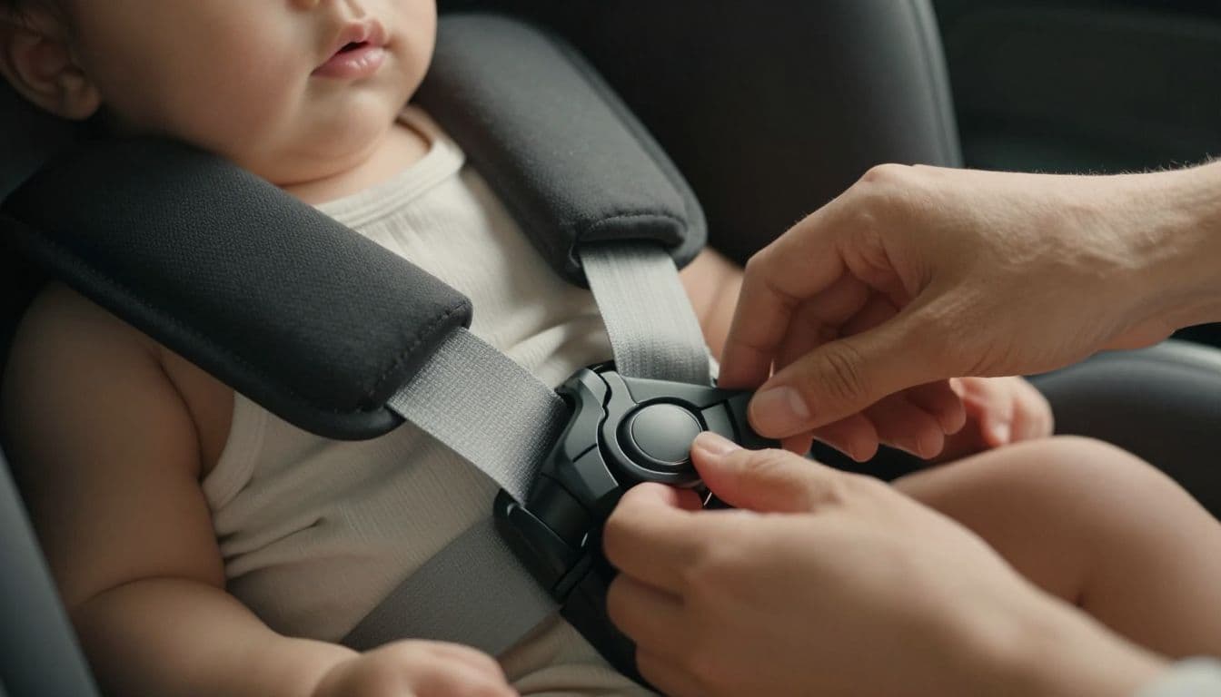 Parental hands delicately tighten the nylon straps across an infant's chest inside a car seat. The warm lighting emphasizes the textured fabric and precise, snug positioning of the safety clip.