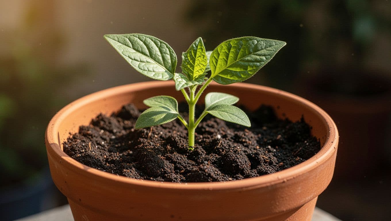A vibrant green seedling emerges from rich dark earth inside a weathered clay pot. Dramatic golden sunlight highlights the delicate veins of the leaves while deep shadows define the surrounding texture.