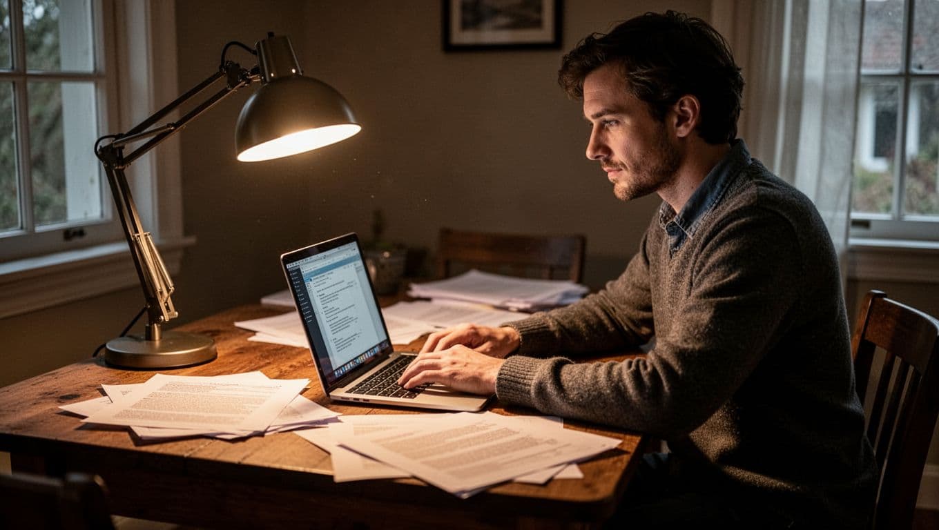 A focused individual sits at a wooden desk, analyzing paper documents and a laptop screen under a warm lamp. The cinematic lighting highlights their thoughtful expression during a quiet budgeting session.