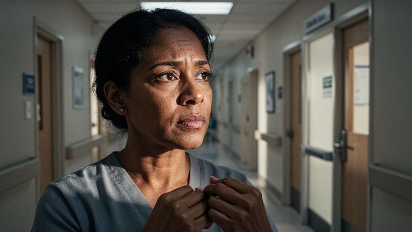 A person with a thoughtful expression gazes toward a distant doctor's office entrance. Dramatic cinematic lighting creates high contrast, emphasizing their contemplative focus while contemplating a necessary eye health consultation.