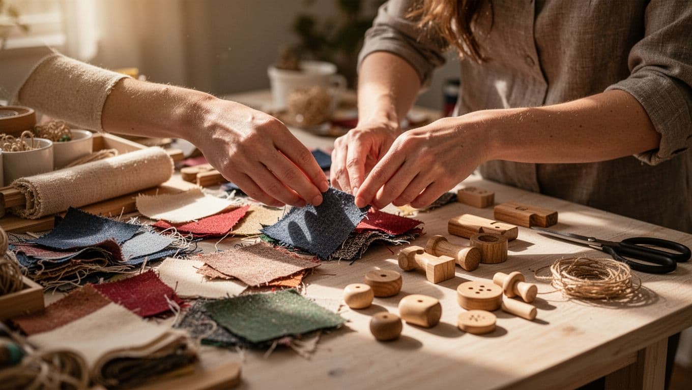 A close-up view captures hands carefully sorting through colorful fabric scraps and polished wooden items on a neatly organized table. Soft, warm lighting highlights the textured materials during a creative project.