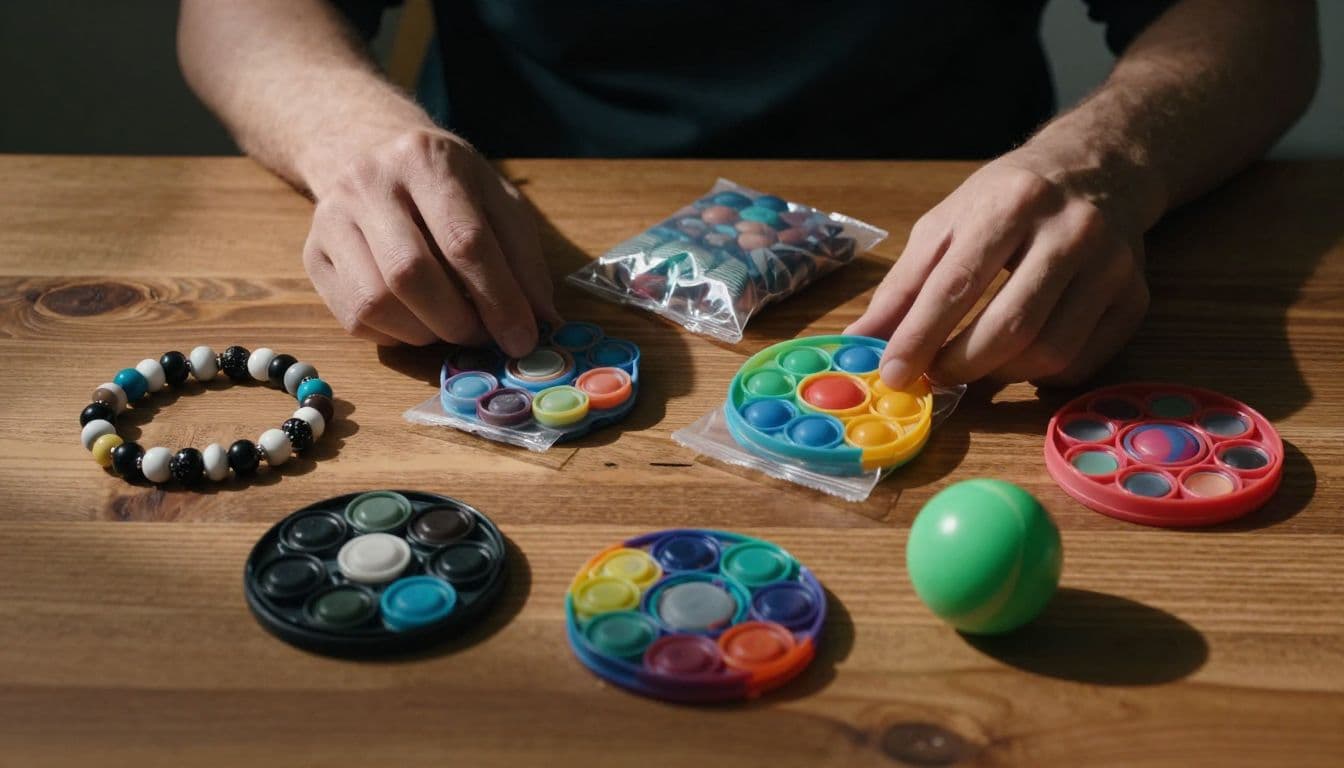 Hands hover over a rustic wooden table scattered with various tactile objects like colorful bead chains, fabric sensory pouches, and squishy stress balls under sharp, dramatic side lighting from the left.
