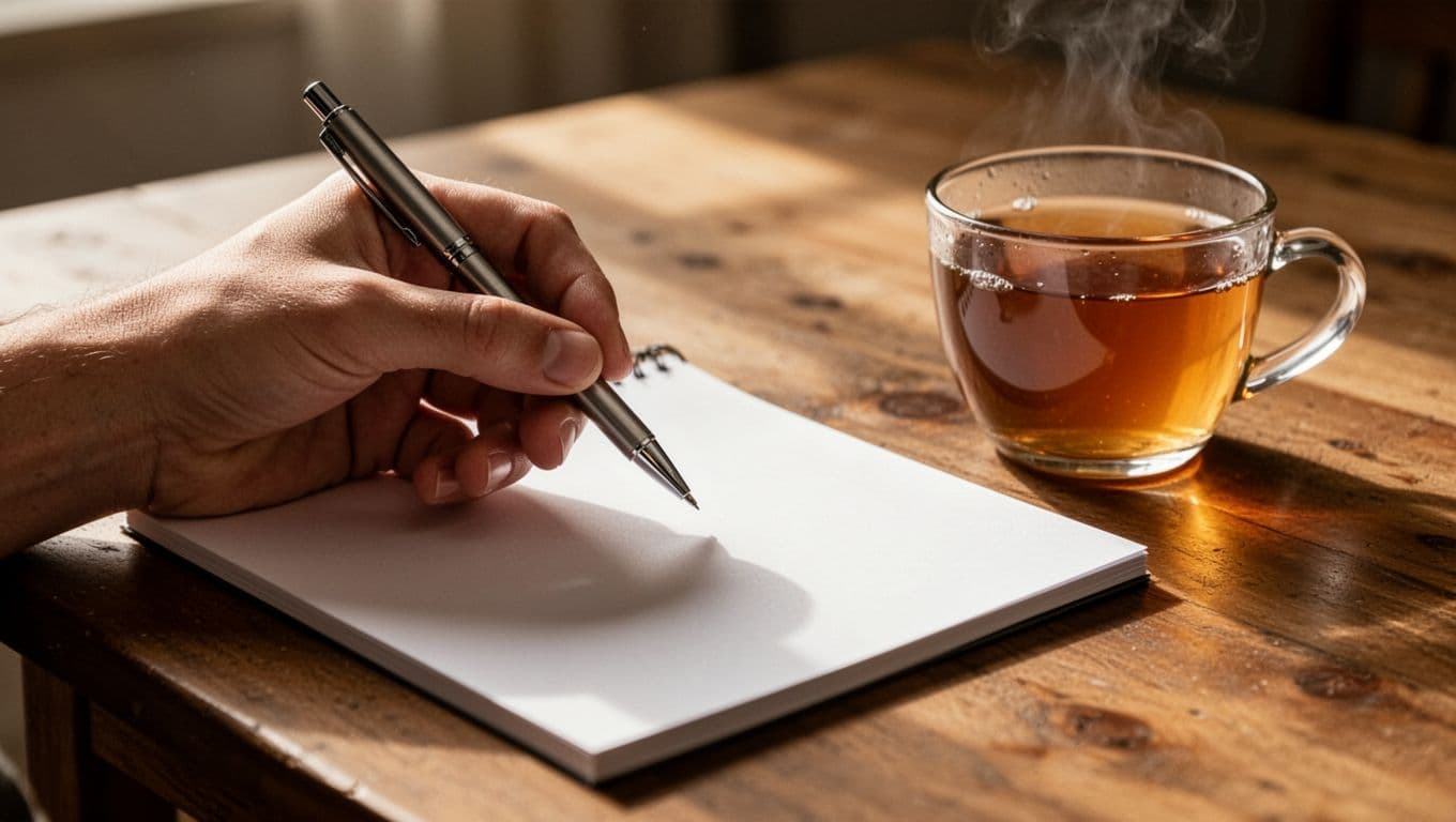 A close-up view of a hand poised with a pen over a blank notepad list. A warm, steaming cup of tea rests on the wooden surface beside the paper in soft light.