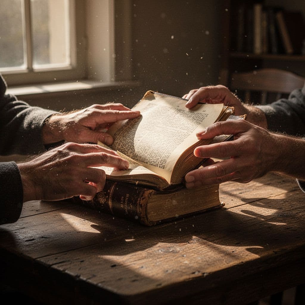 A pair of adult hands carefully cradles an open, aged leather-bound book within a warm, sunlit room. Strong cinematic light casts dramatic shadows across the weathered pages, highlighting the thoughtful reading process.
