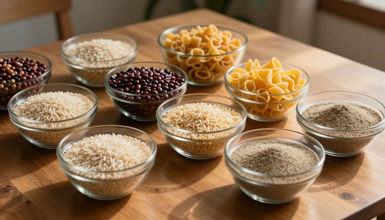 Clear glass bowls arranged on a rustic wooden table contain varied dry textures including white rice, brown beans, colorful pasta shapes, and fine sand. Golden sunlight enhances the high-contrast scene.