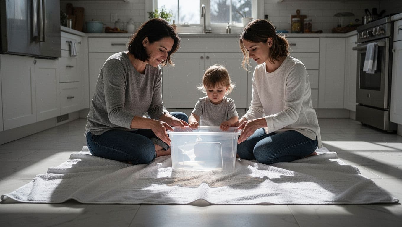 A parent sits on a large white floor towel with a toddler in a bright kitchen. They are carefully positioning a plastic bin between them to begin a sensory play session.