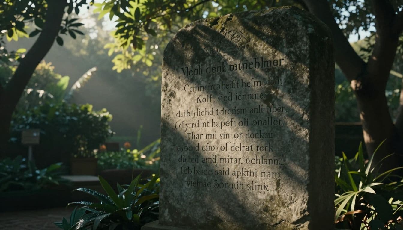 Sunlight filters through dense forest canopy onto a weathered stone slab engraved with subtle markings. The peaceful clearing highlights mossy textures and soft morning shadows across the tranquil forest floor.