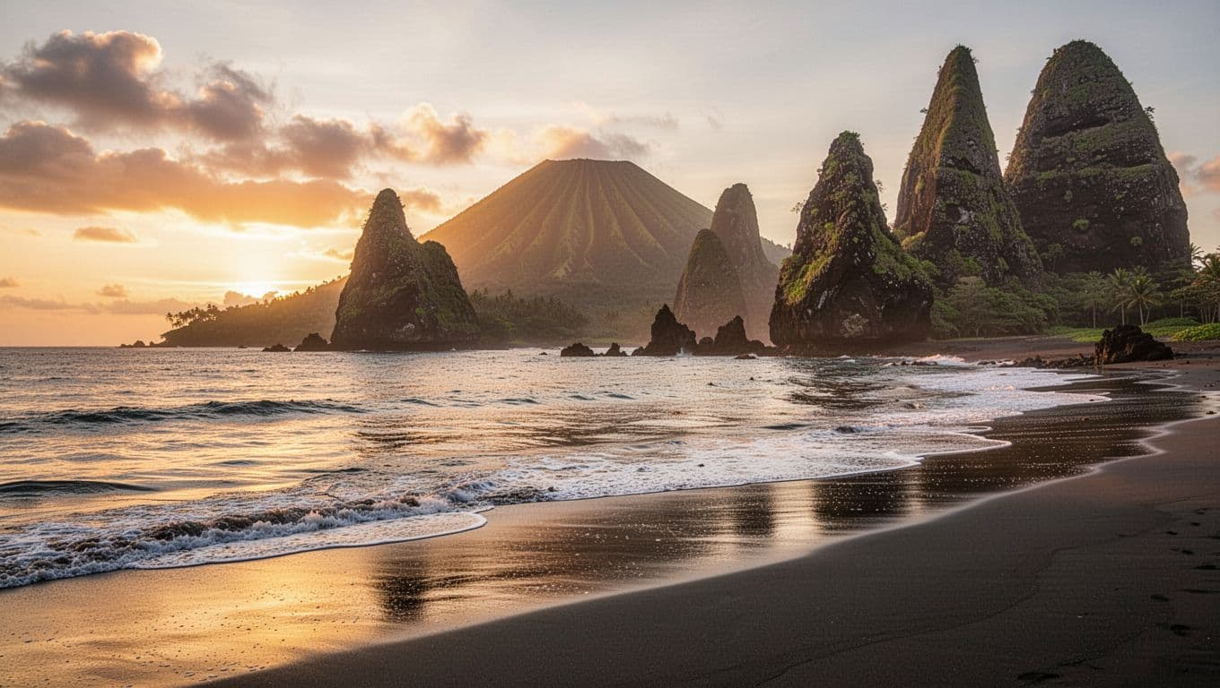 Golden sunlight illuminates sharp volcanic rock formations rising from calm ocean waters at sunrise. The warm glow creates a striking contrast against the dark, rugged textures of the coastal shoreline.