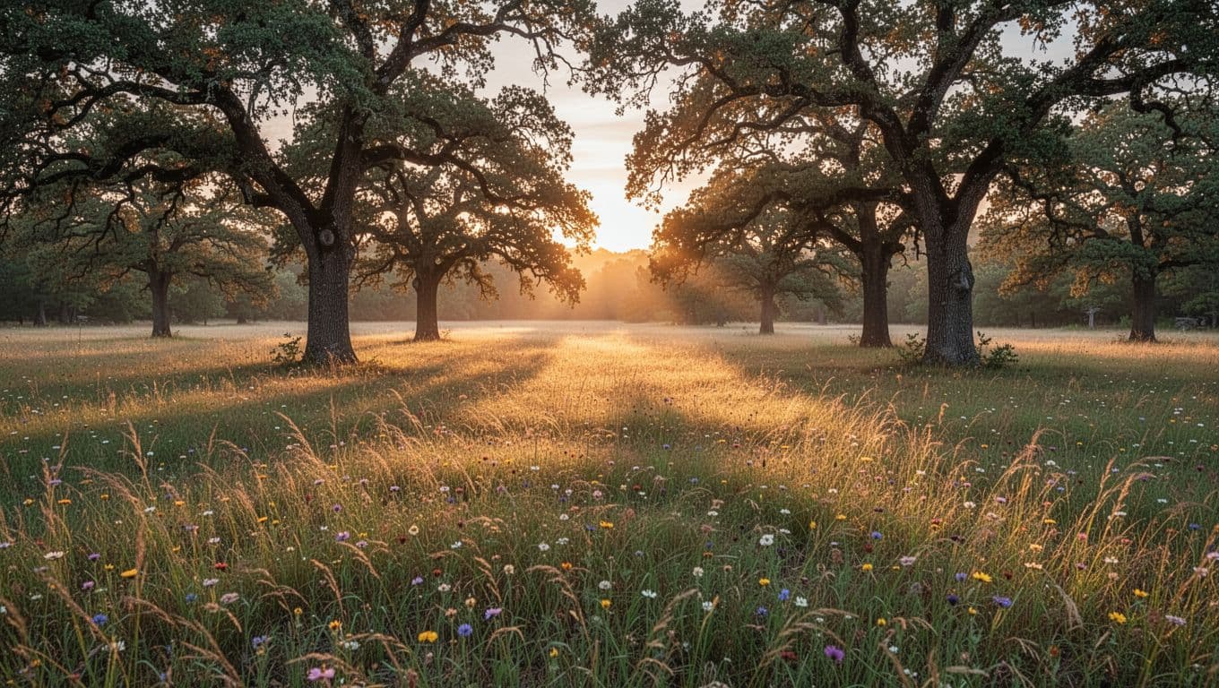 Golden morning sunlight streams through the gnarled branches of ancient oak trees, illuminating a peaceful meadow. The rustic landscape is covered in soft grass, evoking a quiet and timeless rural atmosphere.