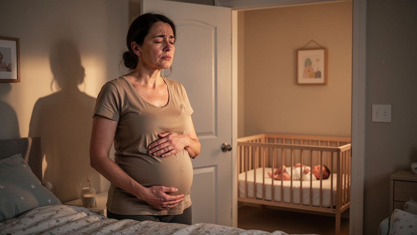 A tired but calming mother in a softly lit bedroom takes deep breaths with hands on her belly, standing relaxed, while an open door shows her baby safe in a crib in the adjacent nursery. Realistic photograph in warm gentle evening light with a serene expression.