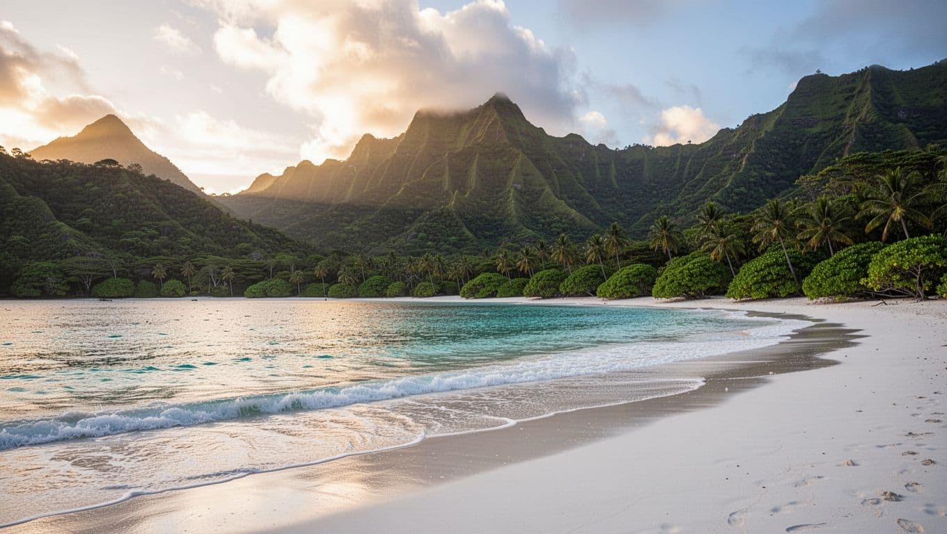 Crystal clear turquoise water gently meets the pristine white sand of a secluded beach at sunrise. Lush volcanic peaks tower over the landscape, illuminated by a warm and glowing morning light.