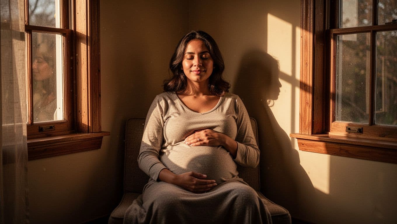 A pregnant woman sits peacefully on a soft armchair tucked into a sun-drenched corner. Golden light highlights her silhouette as she rests her hands gently upon her belly in quiet contemplation.