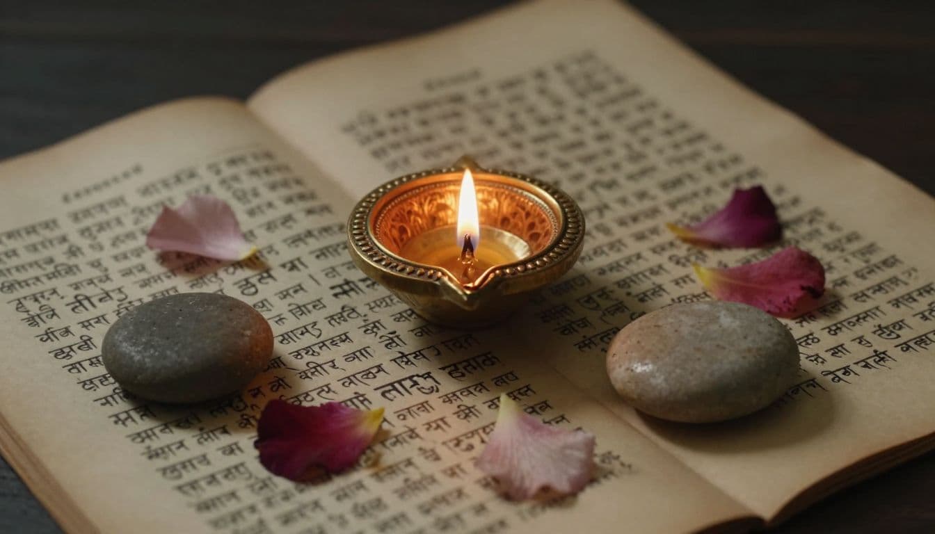 A small brass lamp emits a warm glow beside scattered flower petals and a river stone. An aged manuscript page rests underneath, creating a peaceful scene of ancient cultural inspiration.