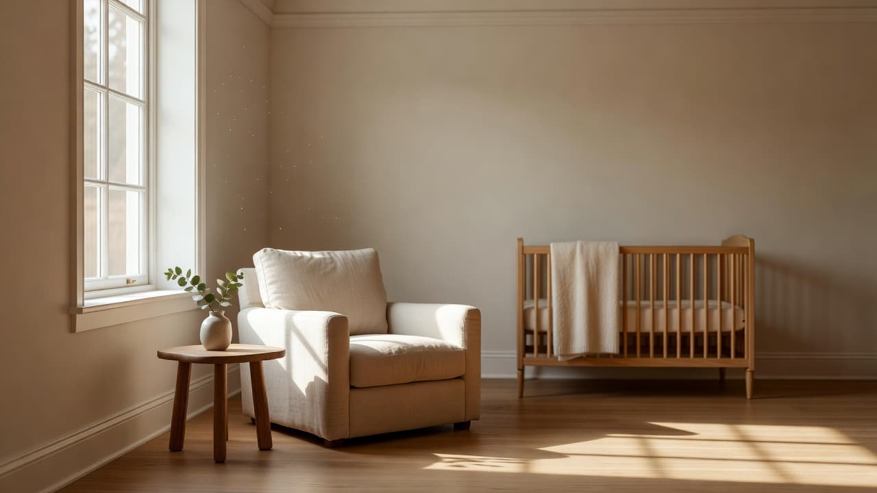 A plush armchair sits bathed in warm golden light near a white window frame. The minimalist room features soft textiles and muted tones, creating a tranquil atmosphere for a newborn nursery.