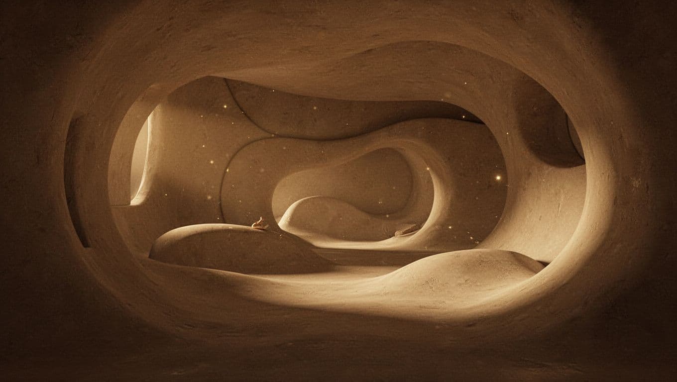 Soft organic curves define this tranquil space bathed in warm, dim golden light. The cinematic composition emphasizes a gentle, rhythmic atmosphere that feels both protective and deeply soothing to the senses.