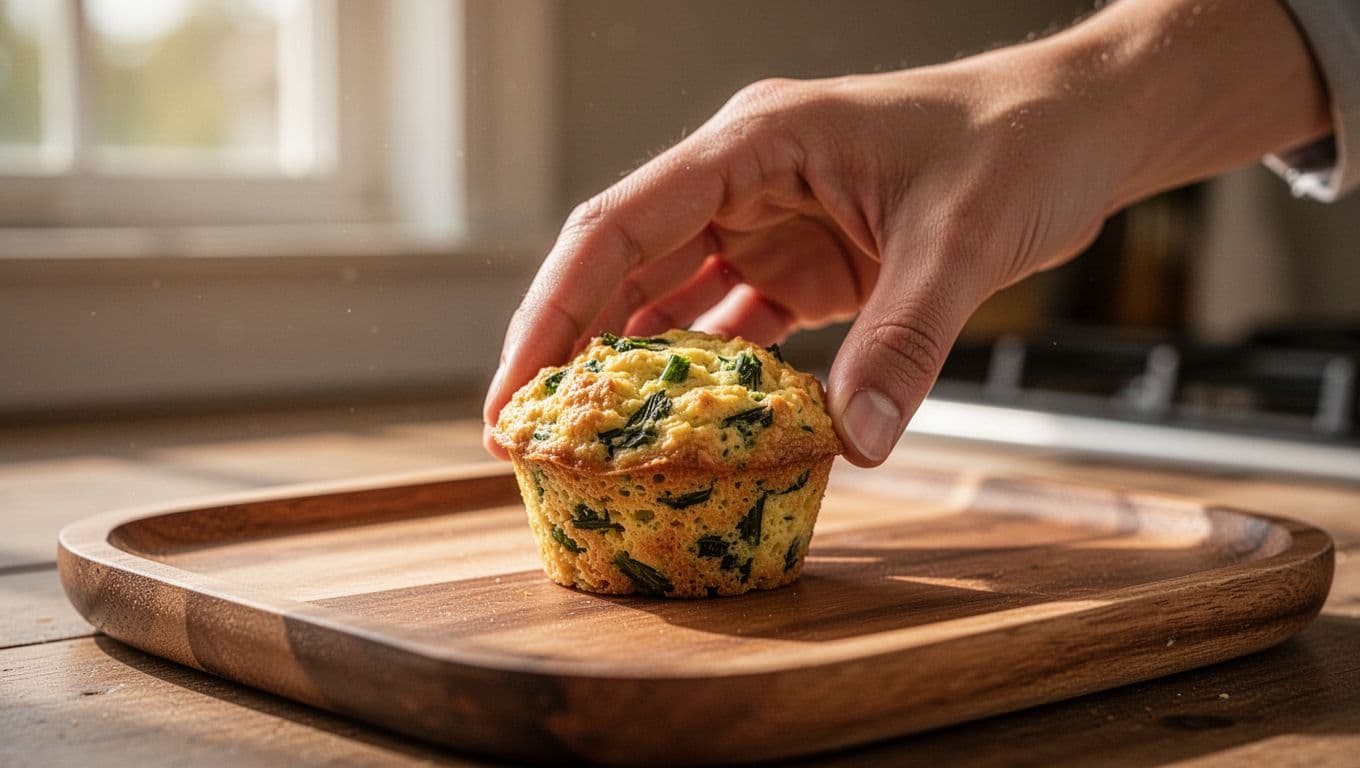 An adult hand gently places a warm, golden-brown egg muffin onto a rustic wooden serving tray. The soft kitchen lighting highlights the textured surface of the vegetables baked inside the snack.