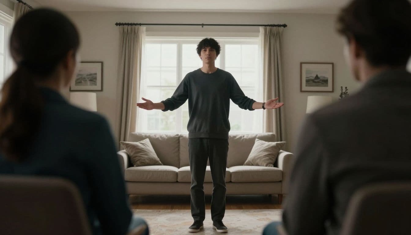 A calm individual stands in a bright, modern living room with open posture while maintaining a clear, respectful distance from a blurred, indistinct figure standing nearby to emphasize personal space.