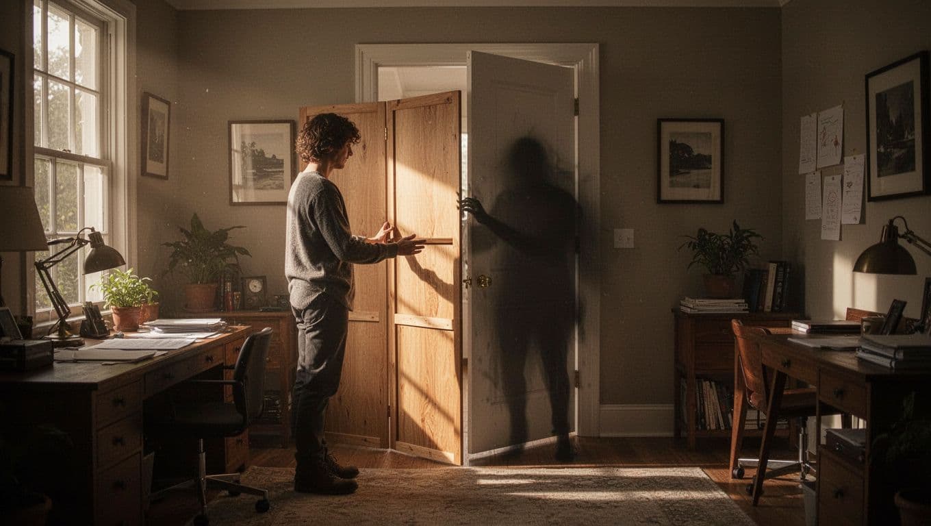 A person stands in a sunlit home office carefully placing a wooden barrier between themselves and a dark, indistinct silhouette lingering in the doorway. High contrast lighting emphasizes the emotional distance.