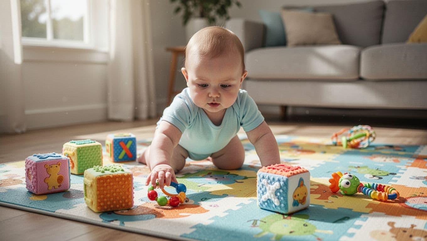 7-month-old baby crawls on colorful play mat in bright living room, reaching for soft blocks and rattles.