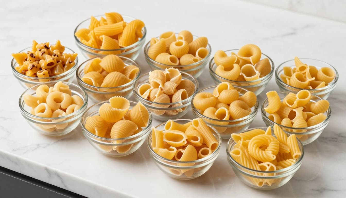 Overhead view shows rotini, medium shells, elbow macaroni, and penne in separate glass bowls on white marble counter.