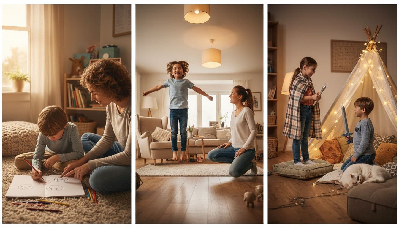Three cozy home vignettes showing emotional activities: shy child drawing faces with parent, active child calming with jumping jacks and mom, siblings in role-play.