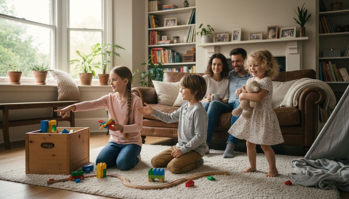Three siblings in cozy living room: oldest organizes toys, middle mediates with gentle gesture, youngest plays smiling; parents watch warmly from couch.