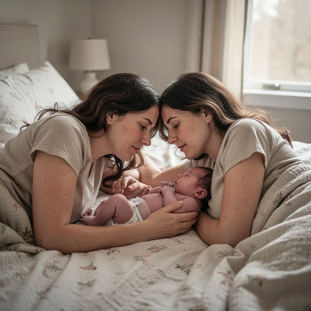 Mother and newborn baby lie on sides in bed facing each other while breastfeeding.