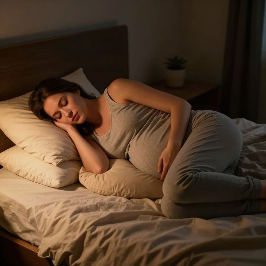 A pregnant woman rests on her side in a cozy bed, using multiple soft pillows to cradle her belly and support her knees. Warm, dim ambient lighting creates a peaceful nighttime atmosphere.