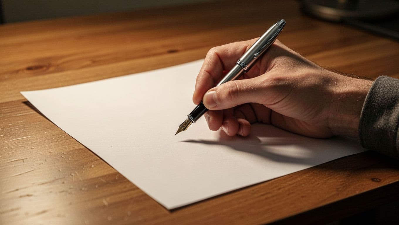 A close-up view features a person holding an elegant fountain pen above a legal document on a dark wooden desk. Soft ambient light creates a focused, warm atmosphere for business negotiations.