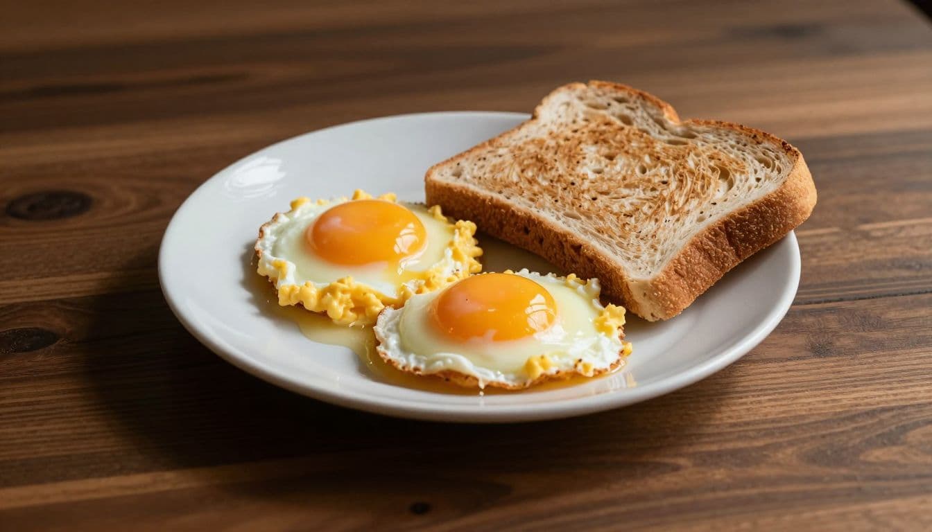 Two soft-scrambled eggs and a slice of toasted whole-grain bread rest on a ceramic plate. The meal sits on a dark wooden table, illuminated by sharp light creating dramatic deep shadows.
