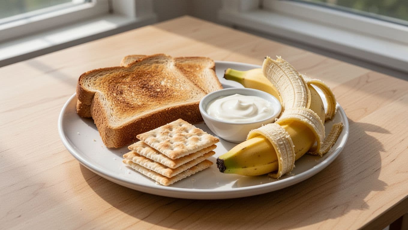 White plate on light wooden table holds two dry toast slices, saltine crackers stack, plain yogurt bowl, and half-peeled banana in morning light.