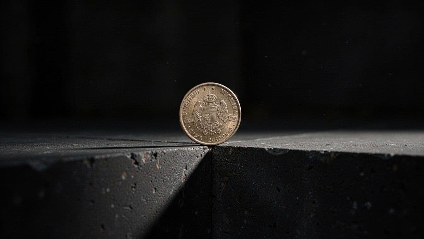 A solitary silver coin balances precariously on the sharp edge of a stone ledge. The background is cast in deep, dark shadows, highlighting the metallic texture and the fragile, unstable position.