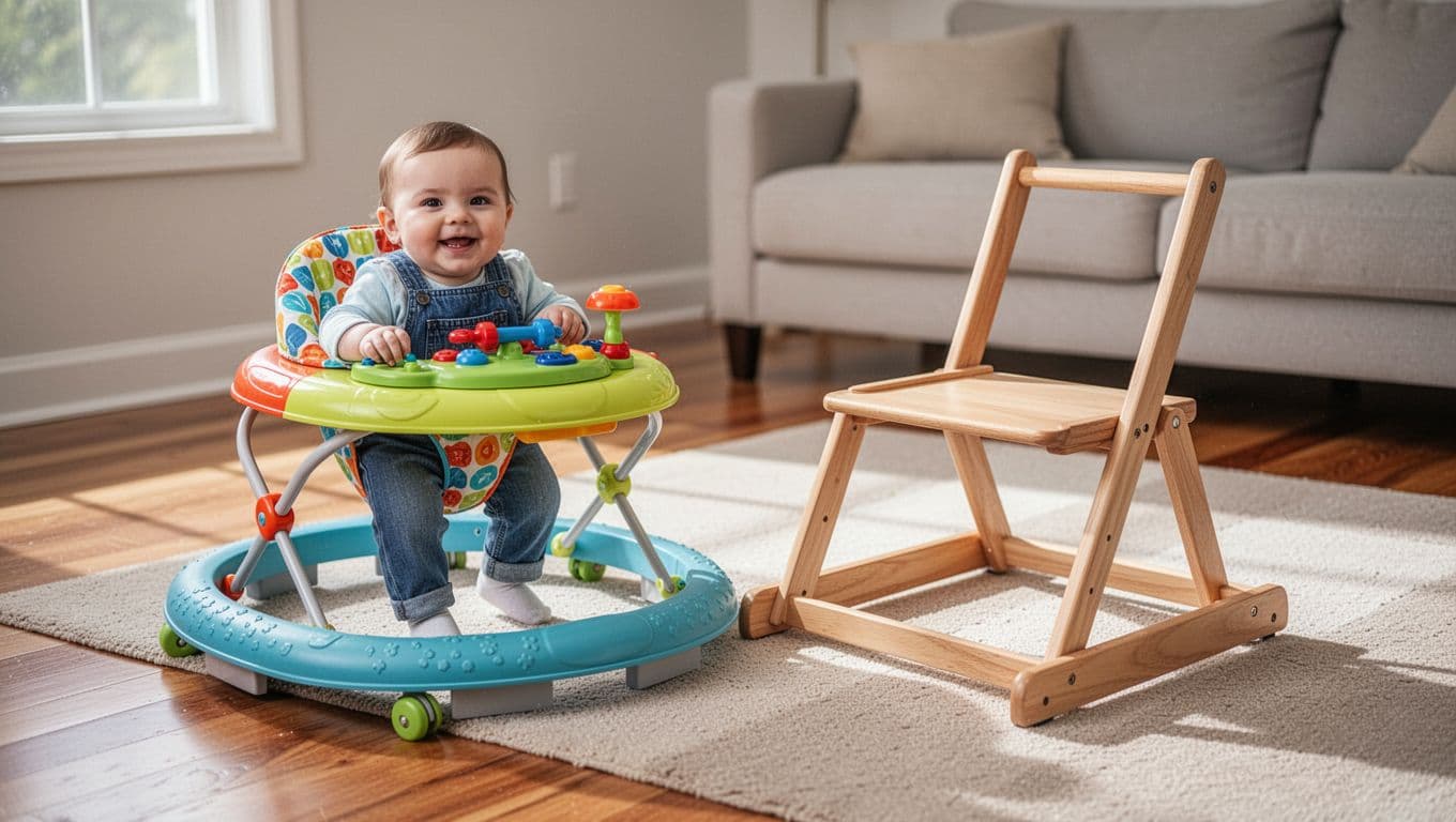 Colorful sit-in baby walker with seated happy infant next to empty wooden push walker on living room floor with hardwood and carpet.