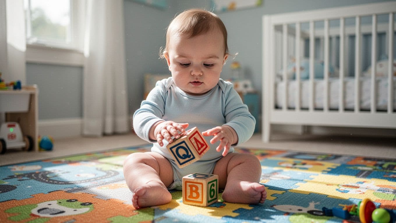 6-month-old baby on colorful play mat turns wooden toy block upside down and shakes it with both hands.
