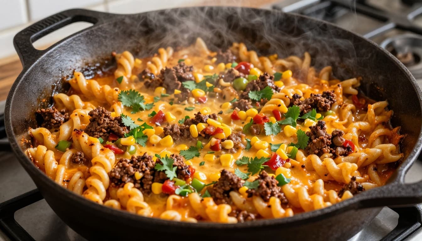 Close-up of cheesy taco pasta sizzling in cast-iron skillet on stovetop with rising steam and cilantro garnish.