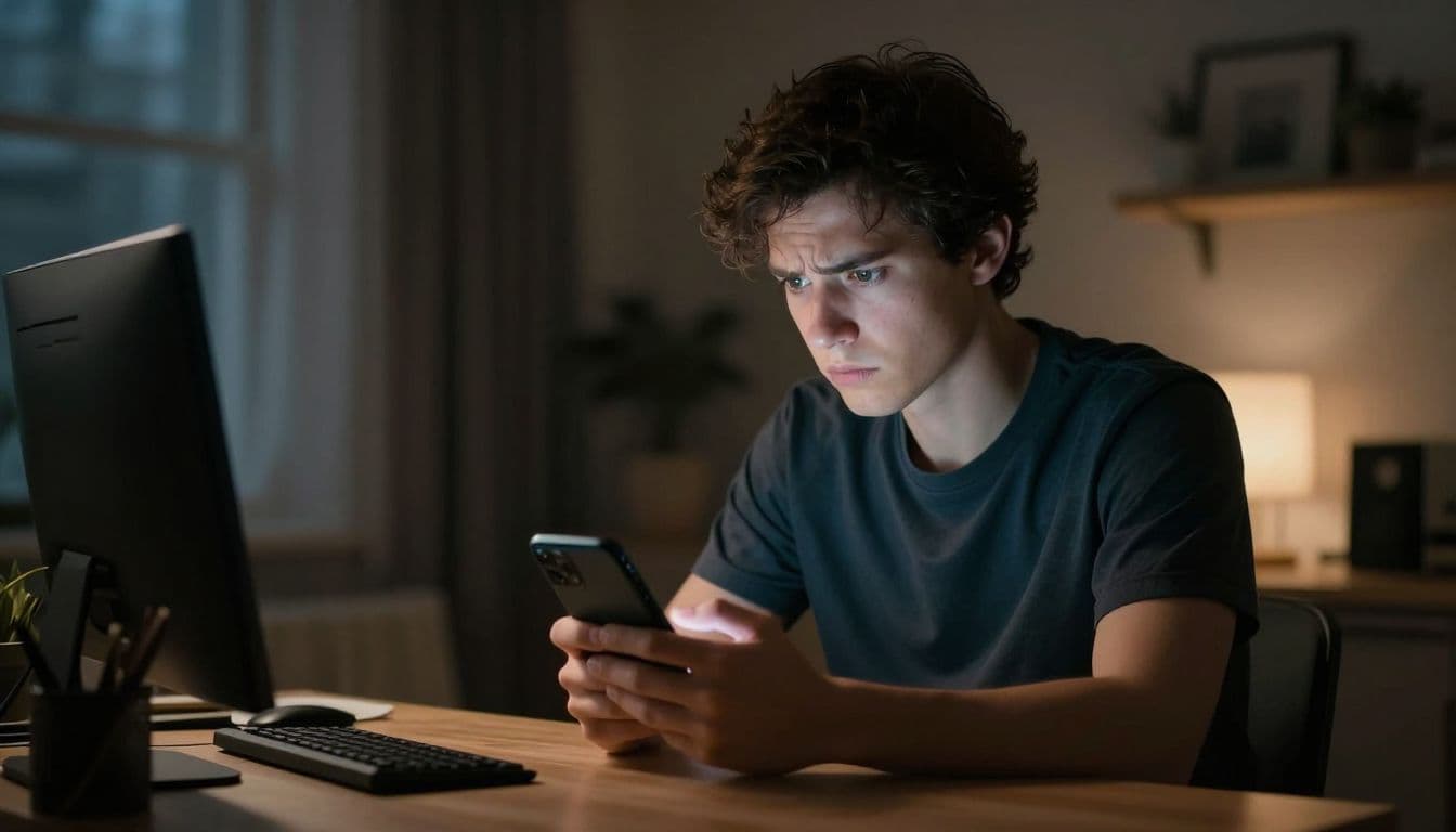 A focused individual sits in a dimly lit home office, holding a smartphone with a questioning expression. The dramatic shadow play emphasizes their concern while reviewing suspicious digital content for security.