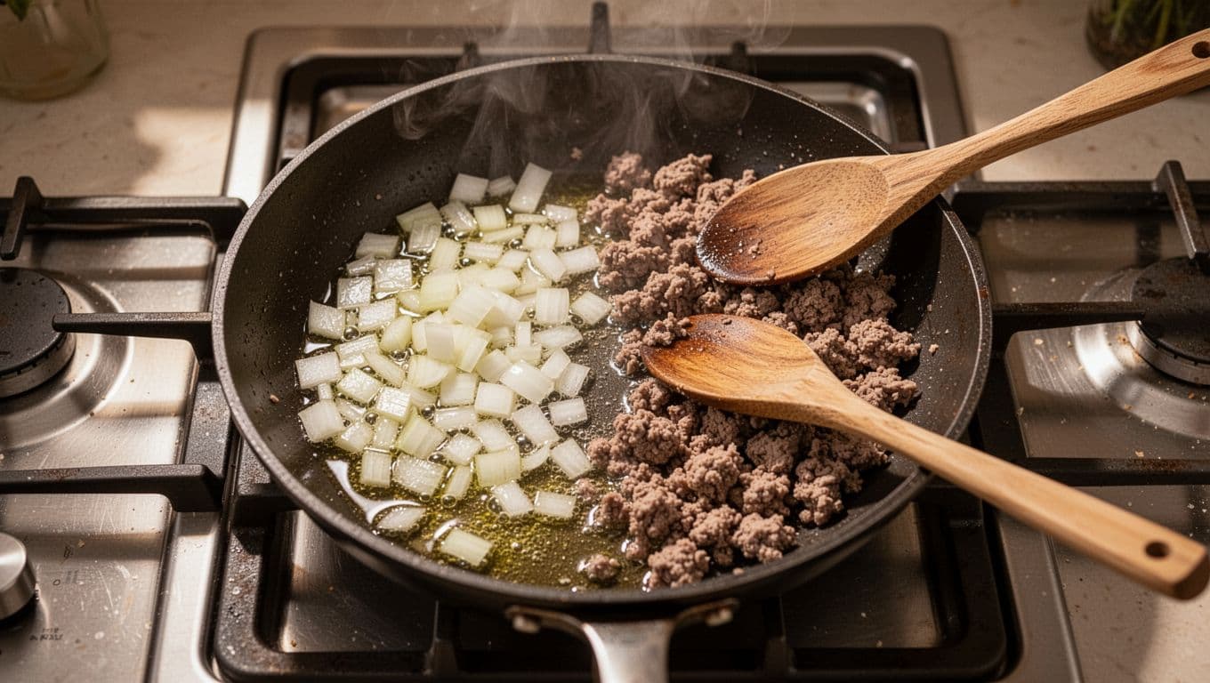 Diced onions soften in oil beside browning ground beef in a skillet on stovetop, steam rising, wooden spoon nearby.