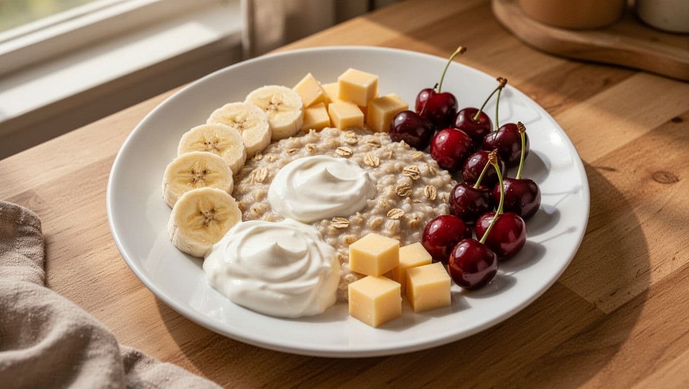 White plate with sliced bananas, plain yogurt, oatmeal porridge, cheese cubes, and cherries on kitchen table.