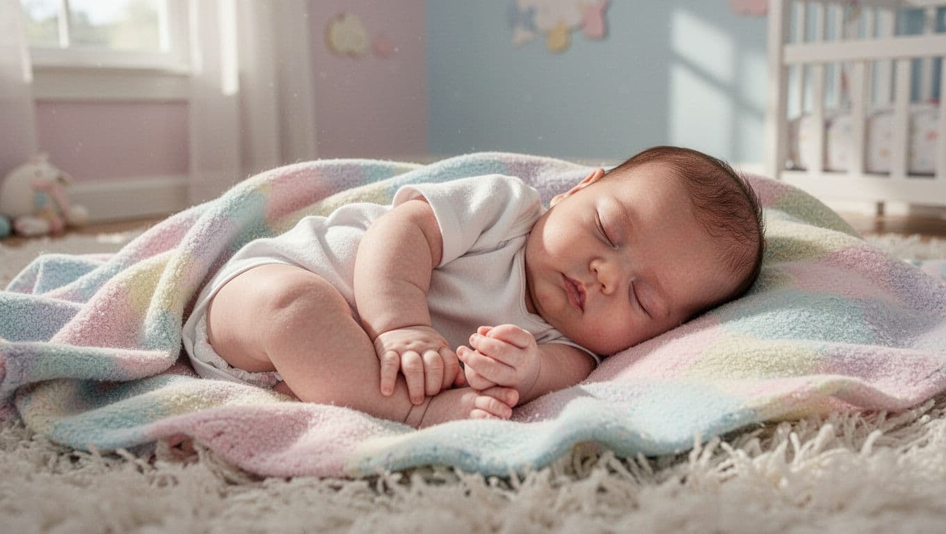 Close-up of a peacefully sleeping baby resting in a soft, bright nursery.