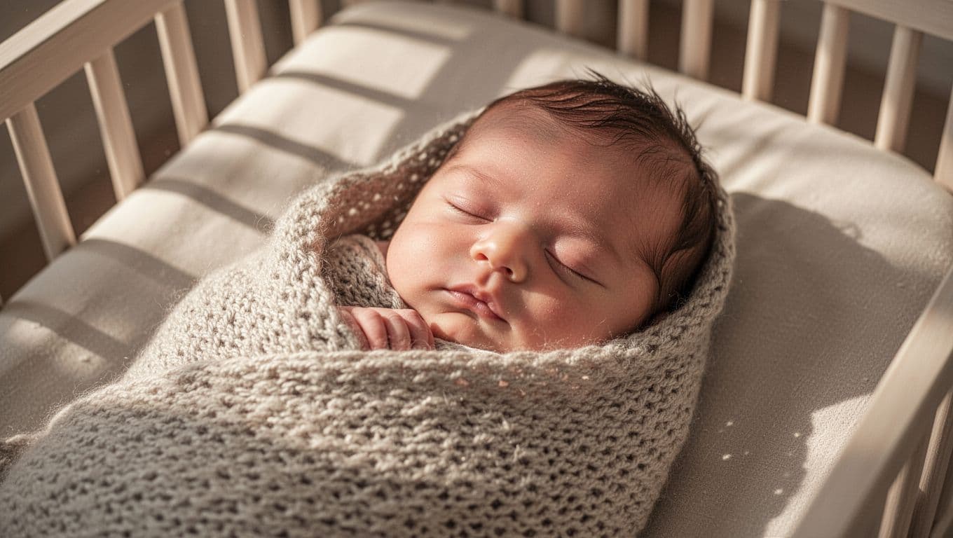 A newborn baby girl rests peacefully inside a thick, ivory-knitted blanket. Gentle morning sunlight illuminates her face while creating a blurred, soft-focus background within the cozy and quiet nursery space.