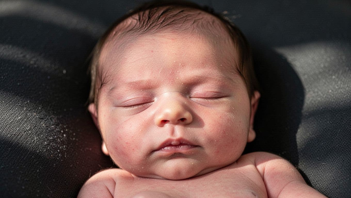 A peaceful newborn baby girl sleeps soundly against a dark, moody background. The soft lighting emphasizes her delicate facial features, smooth skin texture, and tiny eyelashes in a cinematic professional portrait.