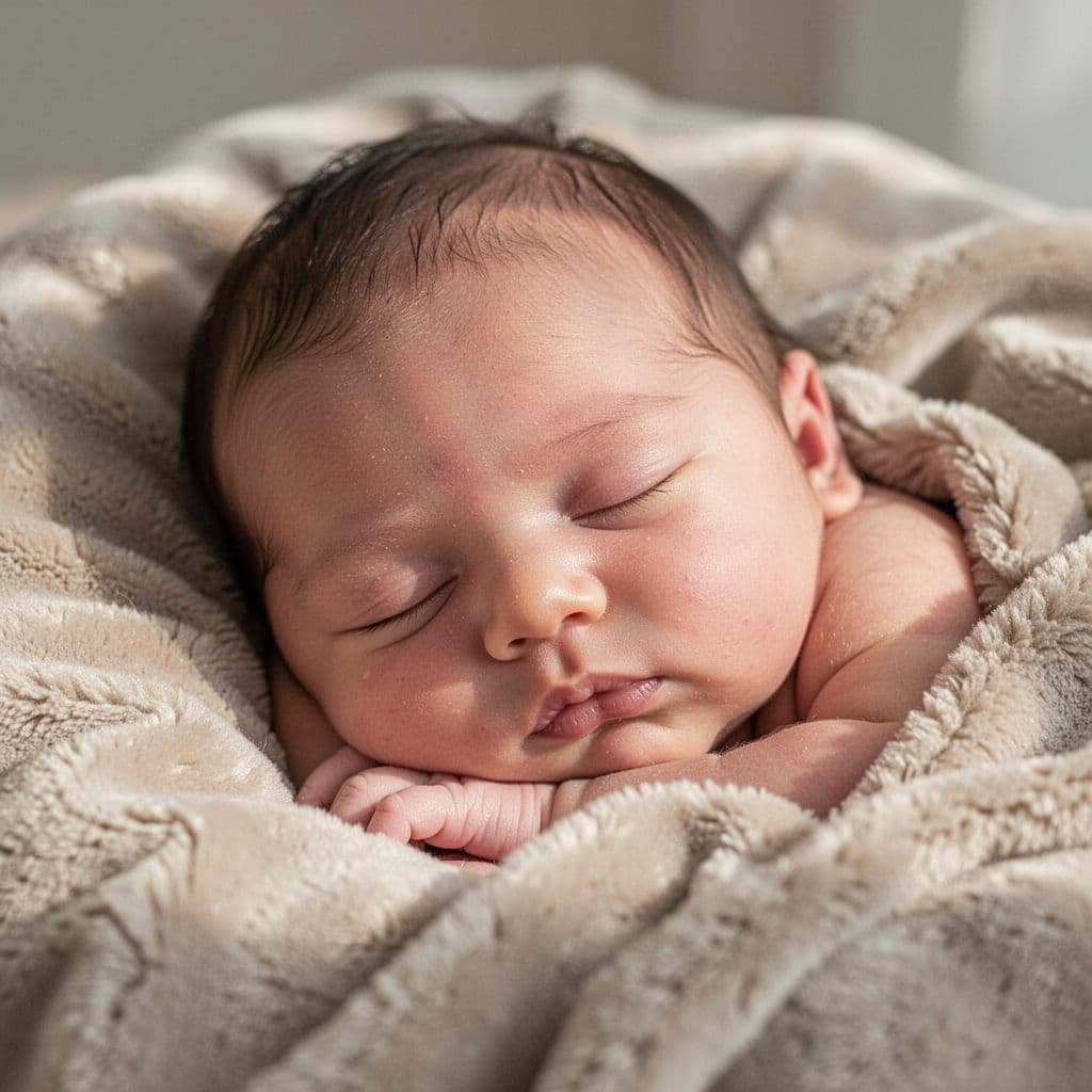 Close-up soft-focus view of a sleeping newborn baby's head on a soft blanket.