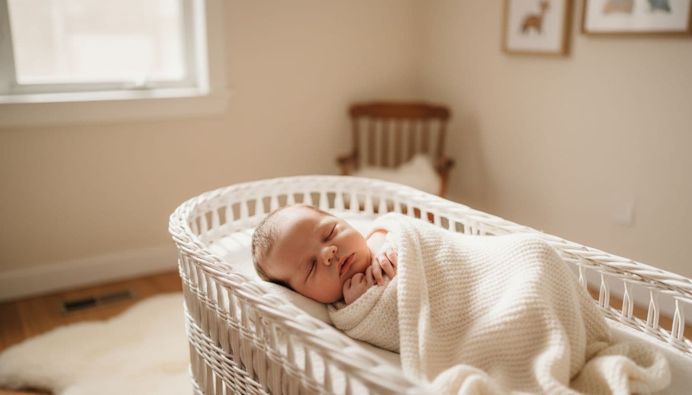 A newborn baby sleeps peacefully in a white bassinet in a softly lit nursery, with a cozy blanket partially covering and tiny hands visible.
