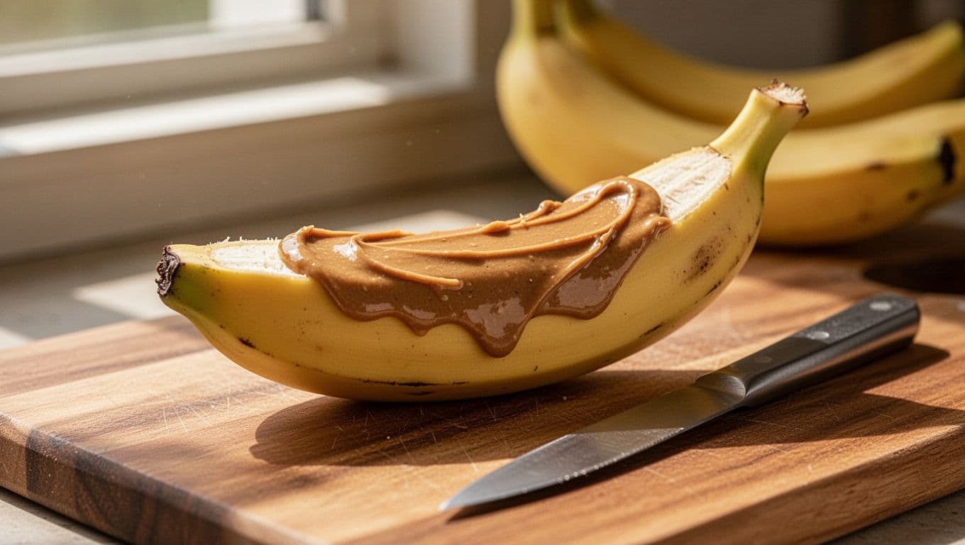 Sliced banana half topped with creamy peanut butter on wooden cutting board, knife nearby, whole bananas in background under warm sunlight.