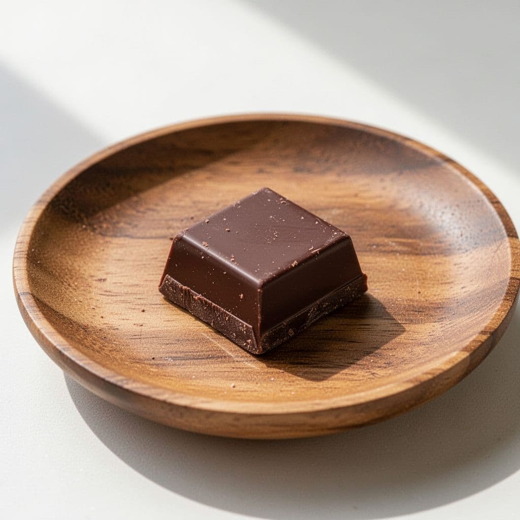 A single small square of dark chocolate rests on a clean wooden plate in bright morning light.