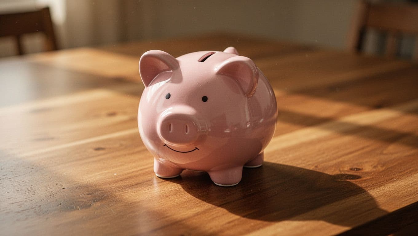 A single ceramic piggy bank sits centered on a polished wooden tabletop under gentle warm lighting. The blurred background emphasizes the solitary savings vessel, highlighting a sense of careful financial preparation.