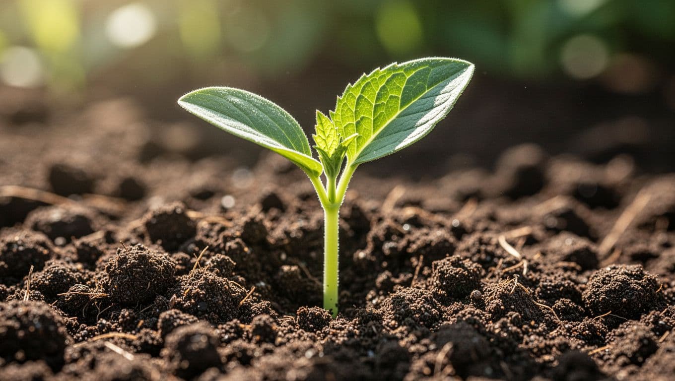 A single bright green seedling emerges from rich, dark brown soil under warm sunlight. The shallow focus highlights the delicate leaf texture while blurring the earthy background for cinematic depth.