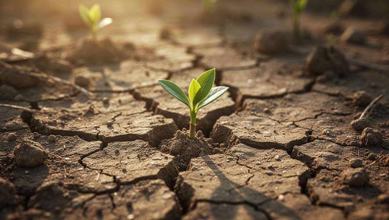 A vibrant green sprout pushes through parched, dry earth under warm, golden sunlight. Deep shadows emphasize the contrast between the resilient new life and the rugged, arid terrain of the ground.