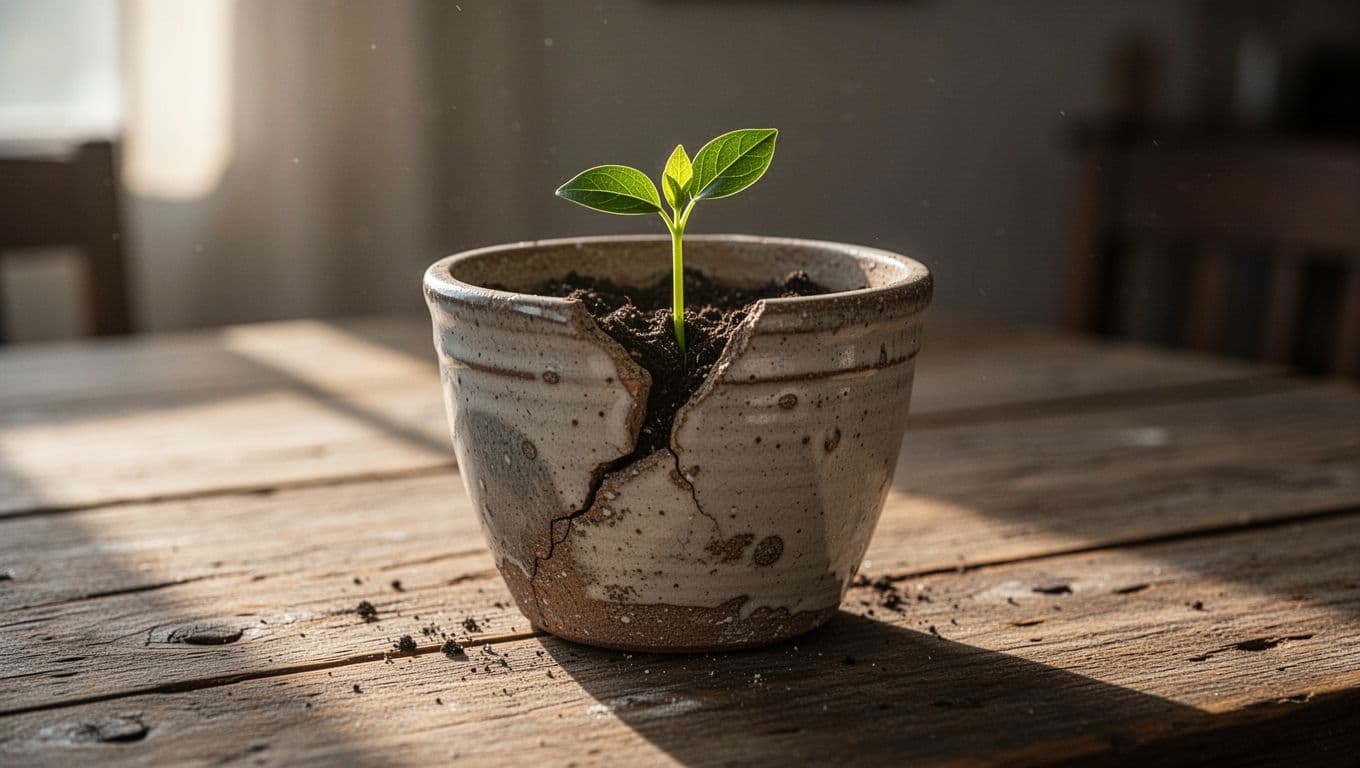 A single green sprout emerges from soil inside a weathered, cracked ceramic pot placed on a rustic timber surface. Warm morning sunlight highlights the delicate leaves against a blurred dark background.